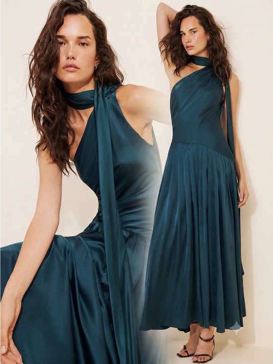 BHLDN Dresses & Skirts - BHLDN One-Shoulder Scarf-Neck Asymmetric Formal Maxi Dress Teal Green Sz M